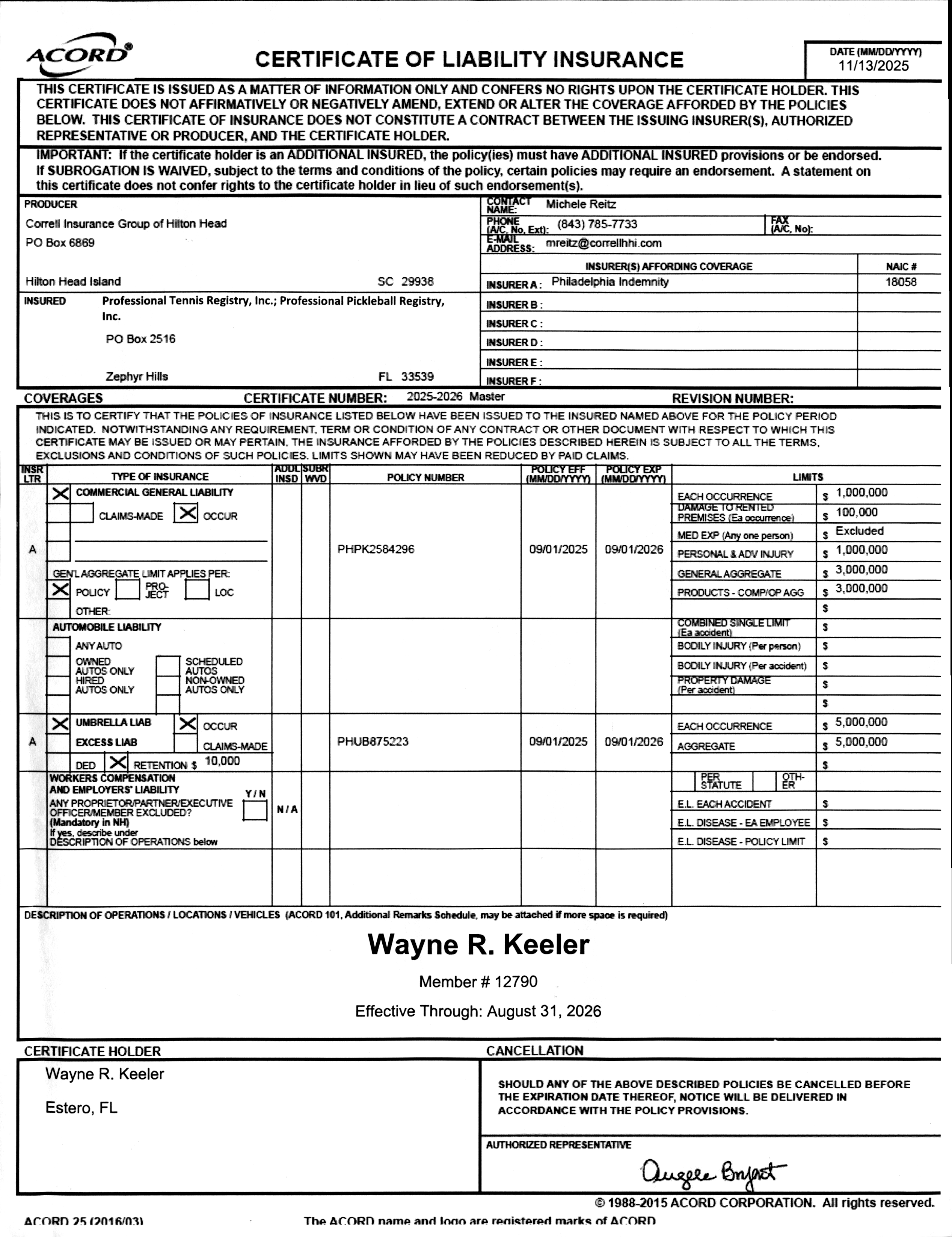 Wayne Keeler Liability Insurance Certificate
